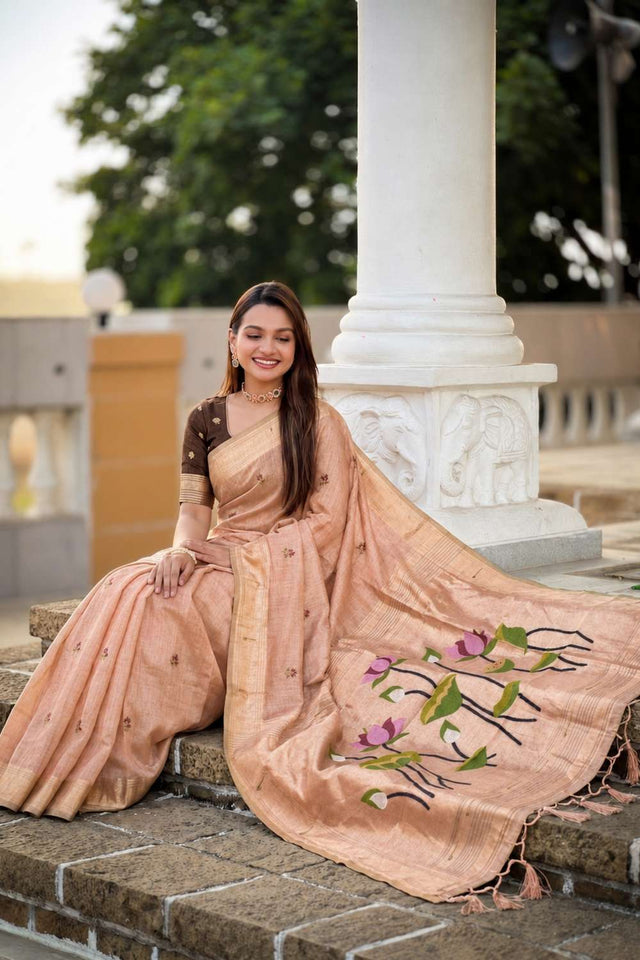 Peach Woven Cotton Blend Saree (ACA8444)