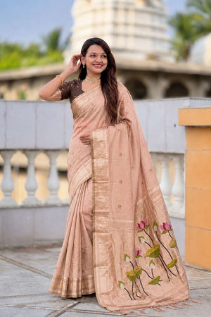 Peach Woven Cotton Blend Saree (ACA8444)