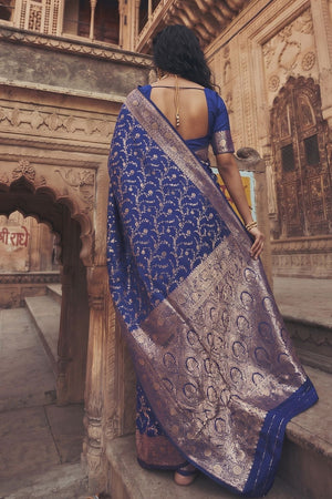Blue Floral Woven Art Silk Saree (ACA8452)