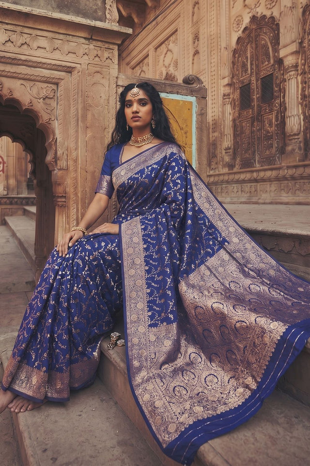 Blue Floral Woven Art Silk Saree (ACA8452)