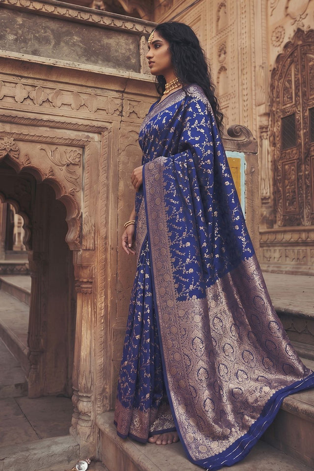 Blue Floral Woven Art Silk Saree (ACA8452)
