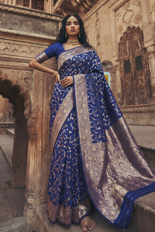 Blue Floral Woven Art Silk Saree (ACA8452)