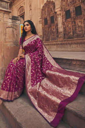 Wine Floral Woven Art Silk Saree (ACA8453)