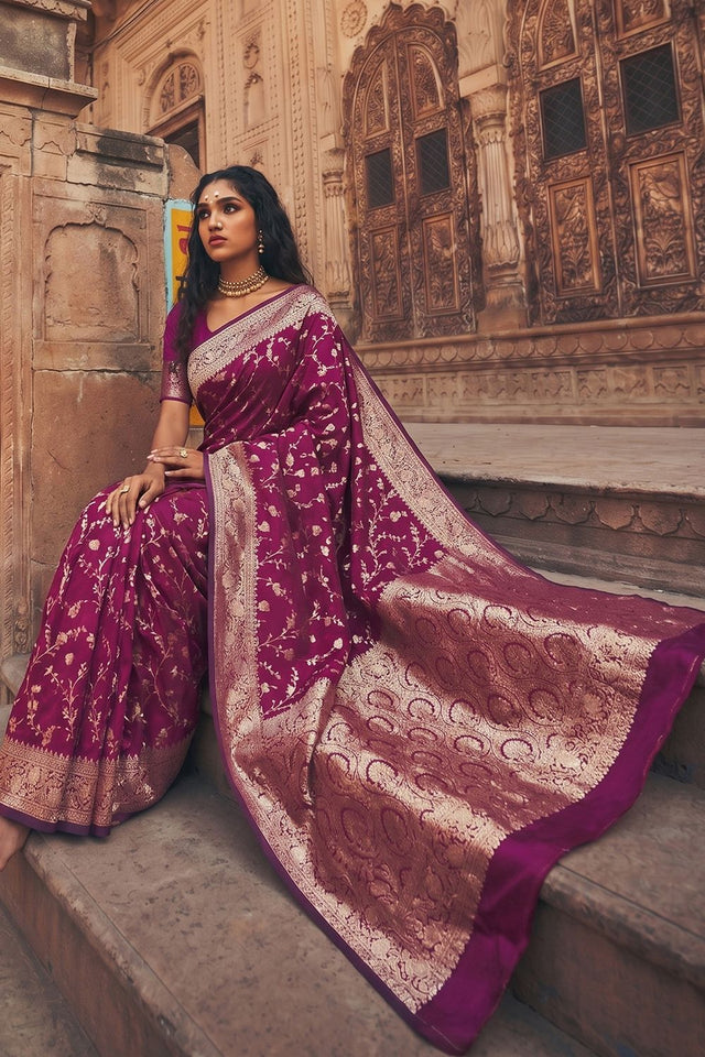 Wine Floral Woven Art Silk Saree (ACA8453)