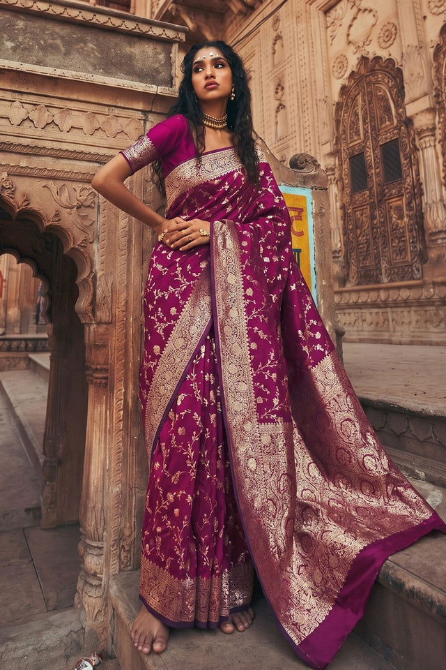 Wine Floral Woven Art Silk Saree (ACA8453)