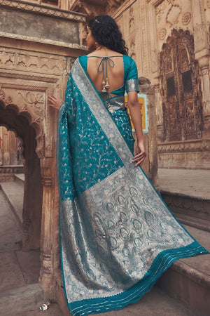 Turquoise Floral Woven Art Silk Saree (ACA8454)