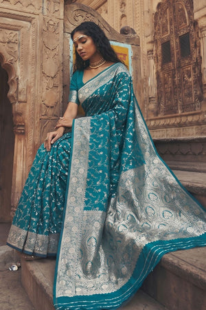 Turquoise Floral Woven Art Silk Saree (ACA8454)