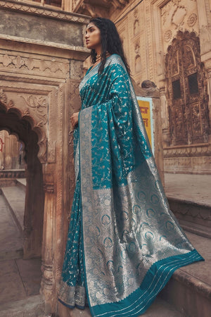 Turquoise Floral Woven Art Silk Saree (ACA8454)