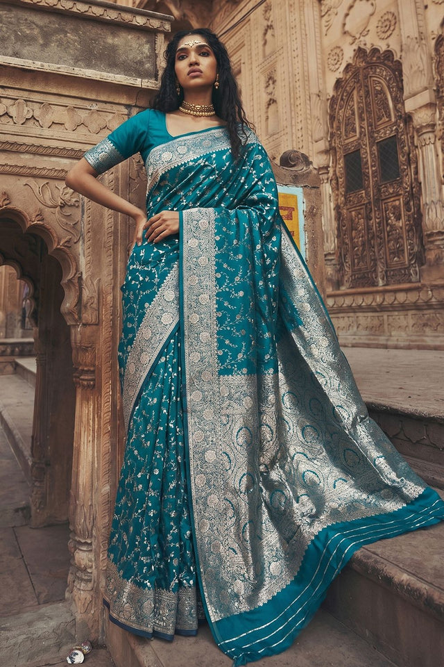 Turquoise Floral Woven Art Silk Saree (ACA8454)