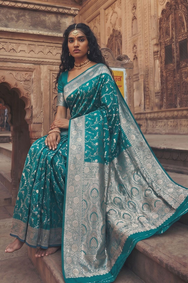 Turquoise Floral Woven Art Silk Saree (ACA8456)