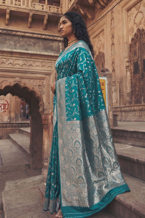 Turquoise Floral Woven Art Silk Saree (ACA8456)