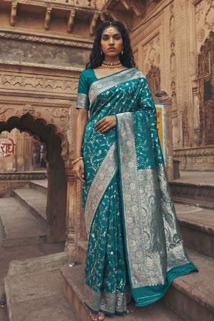Turquoise Floral Woven Art Silk Saree (ACA8456)