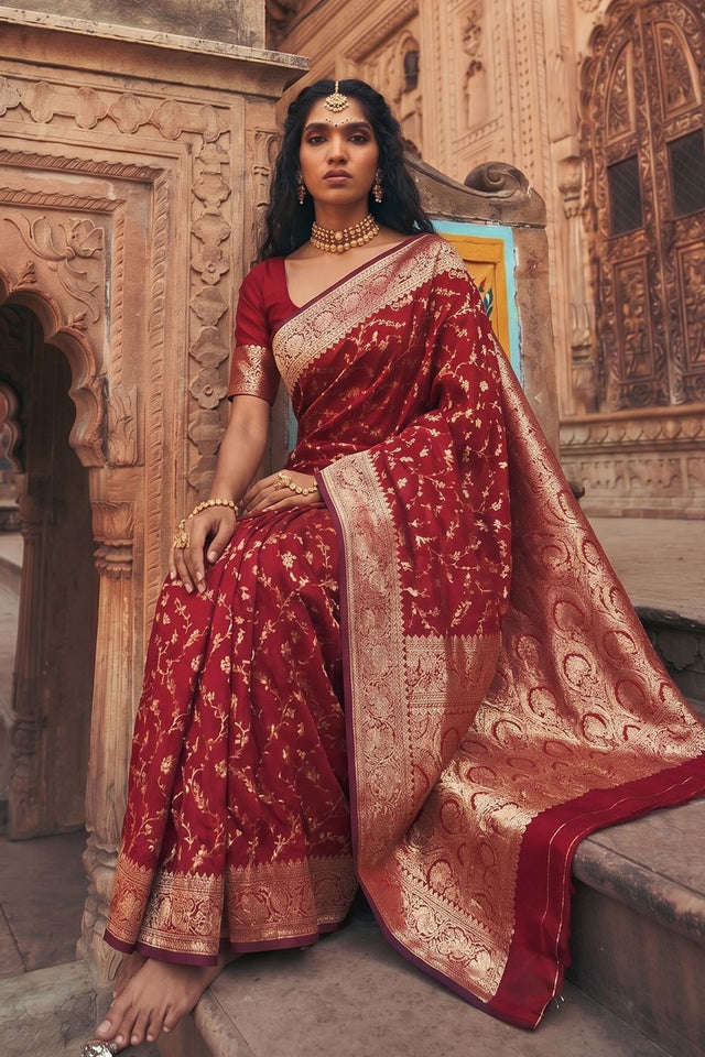 Maroon Floral Woven Art Silk Saree (ACA8457)