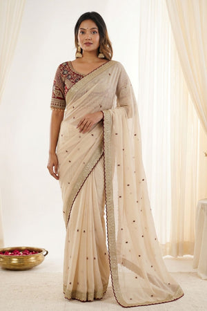 Beige Embroidered Silk Saree (ACA8458)