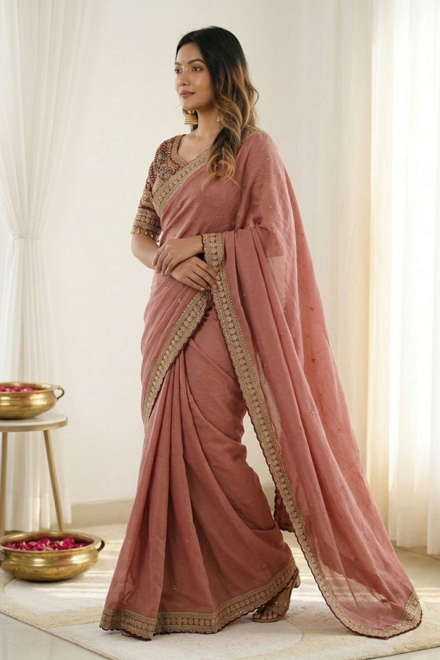 Pink Embroidered Silk Saree (ACA8460)