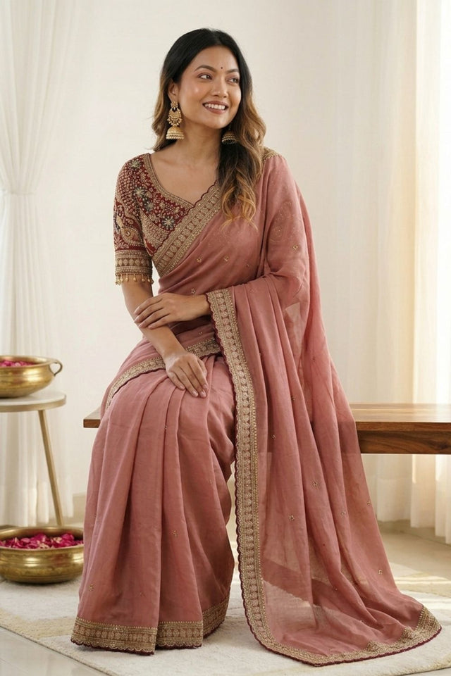 Pink Embroidered Silk Saree (ACA8460)