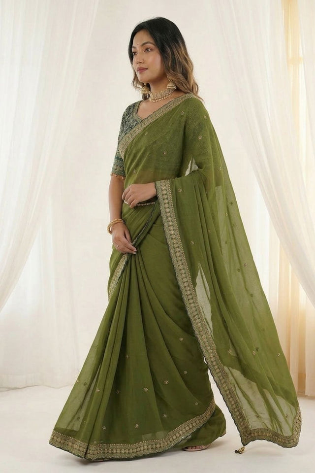 Mehendi Embroidered Silk Saree (ACA8461)