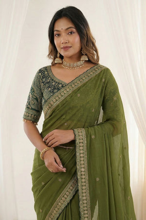Mehendi Embroidered Silk Saree (ACA8461)