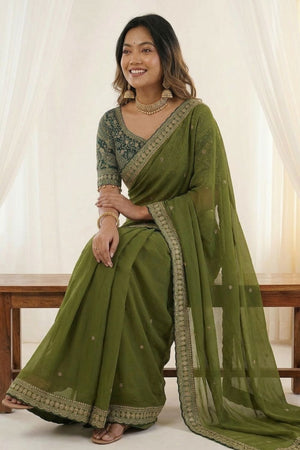 Mehendi Embroidered Silk Saree (ACA8461)