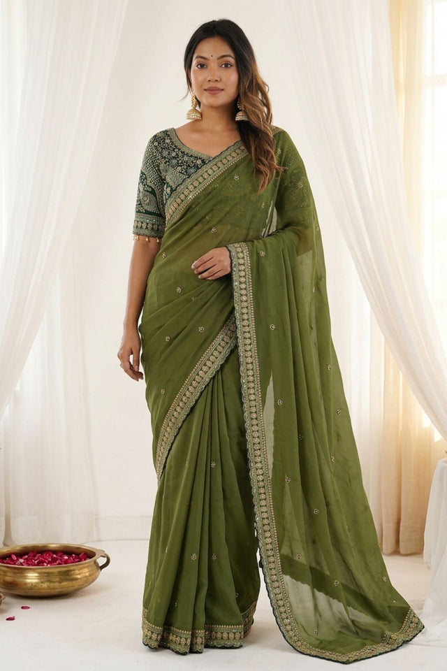 Mehendi Embroidered Silk Saree (ACA8461)