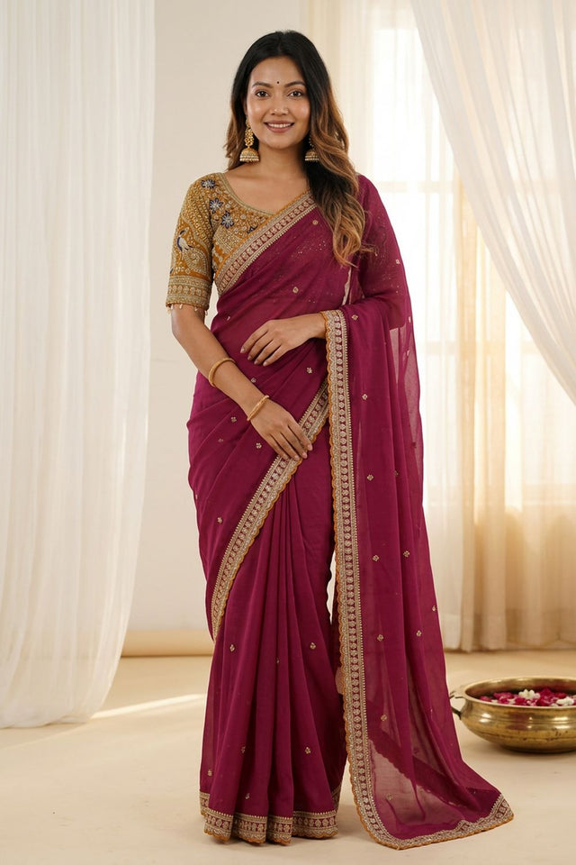 Maroon Embroidered Silk Saree (ACA8462)