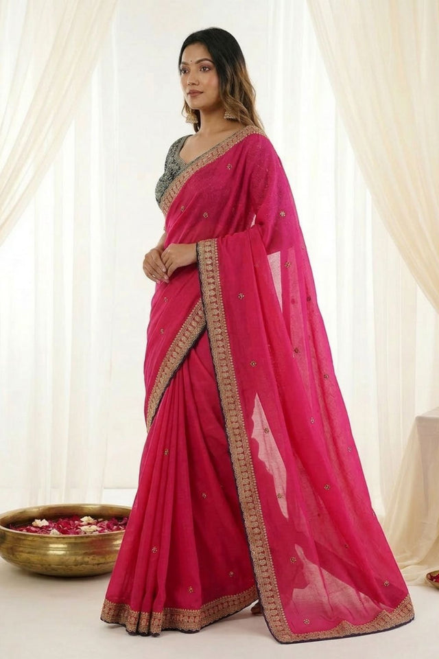 Pink Embroidered Silk Saree (ACA8463)