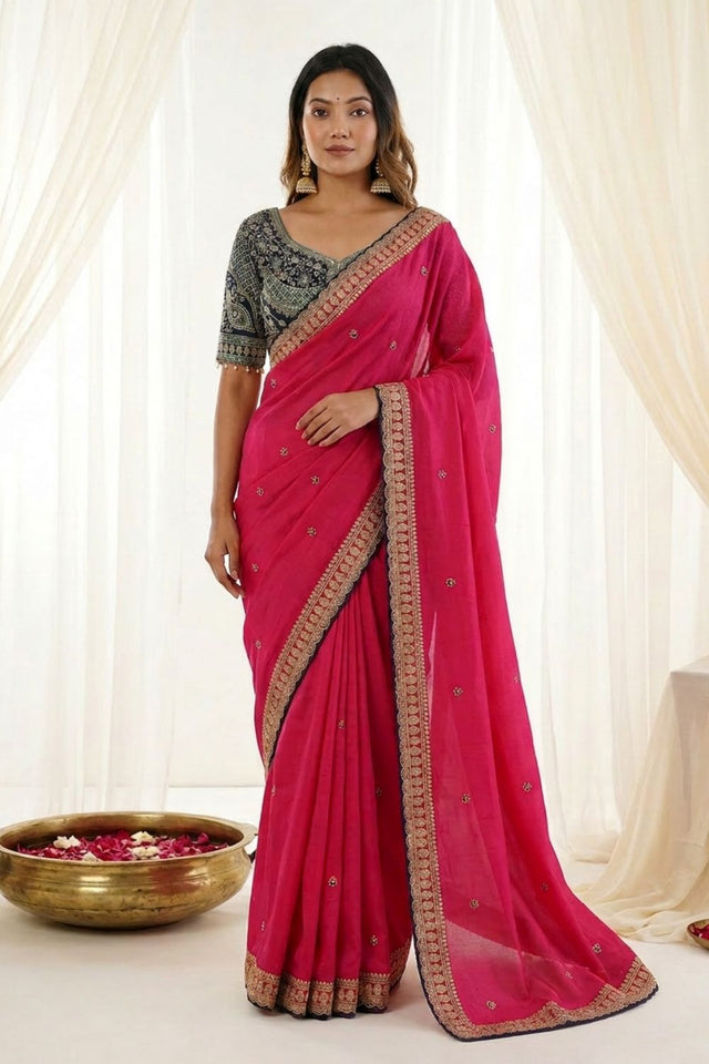 Pink Embroidered Silk Saree (ACA8463)