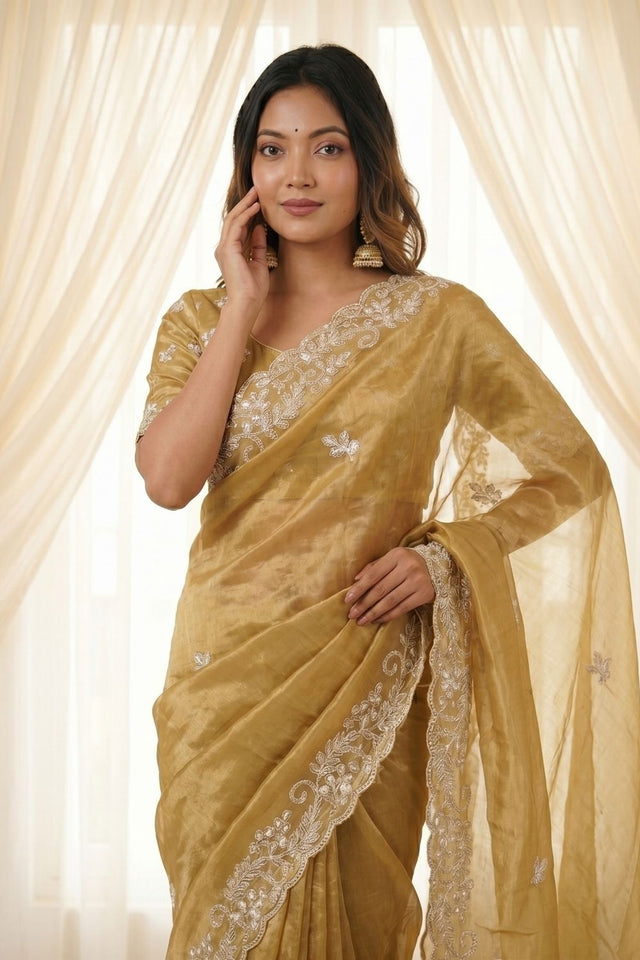 Gold Embroidered Satin Saree (ACA8464)