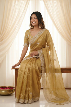 Gold Embroidered Satin Saree (ACA8464)