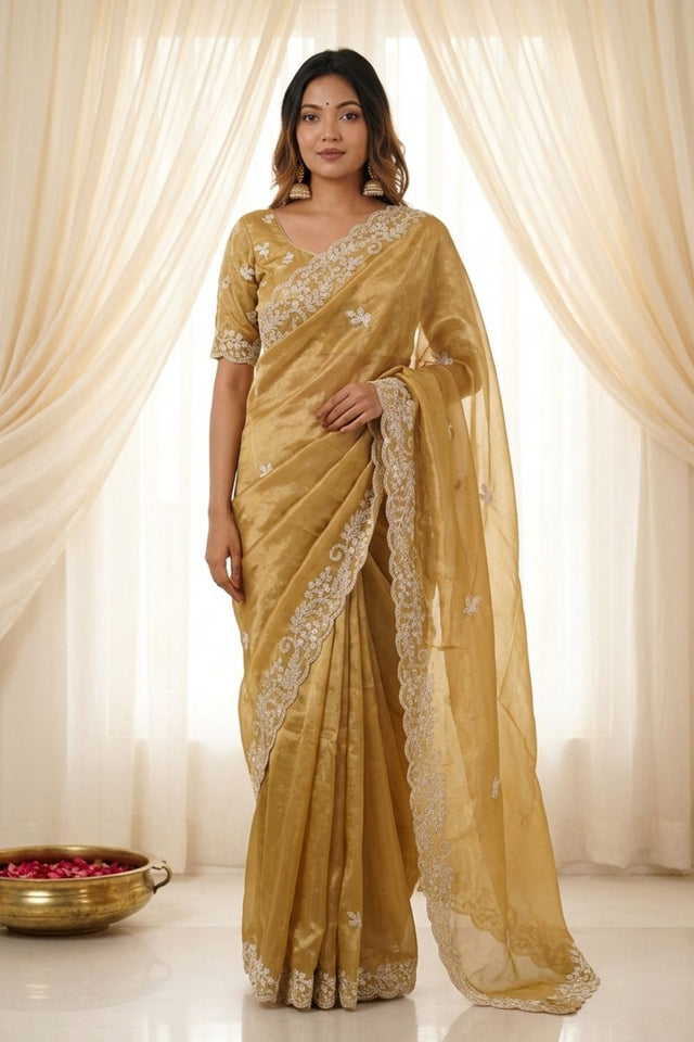 Gold Embroidered Satin Saree (ACA8464)