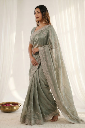Green Embroidered Satin Saree (ACA8465)