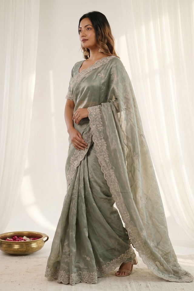 Green Embroidered Satin Saree (ACA8465)