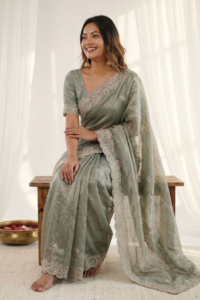 Green Embroidered Satin Saree (ACA8465)