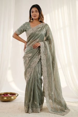 Green Embroidered Satin Saree (ACA8465)