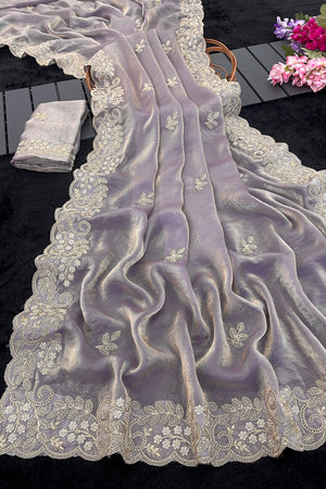 Lavender Embroidered Satin Saree (ACA8466)