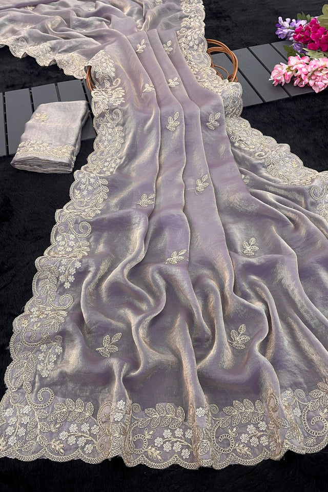 Lavender Embroidered Satin Saree (ACA8466)