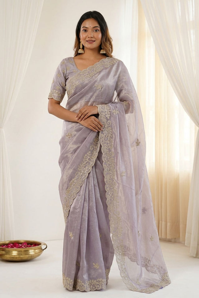 Lavender Embroidered Satin Saree (ACA8466)