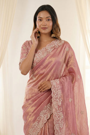 Pink Embroidered Satin Saree (ACA8467)