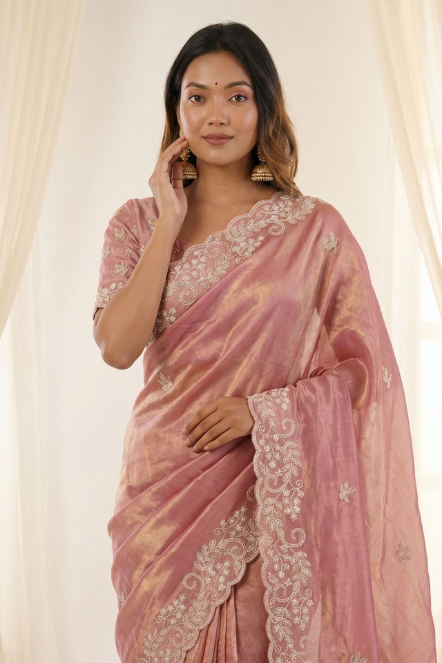 Pink Embroidered Satin Saree (ACA8467)