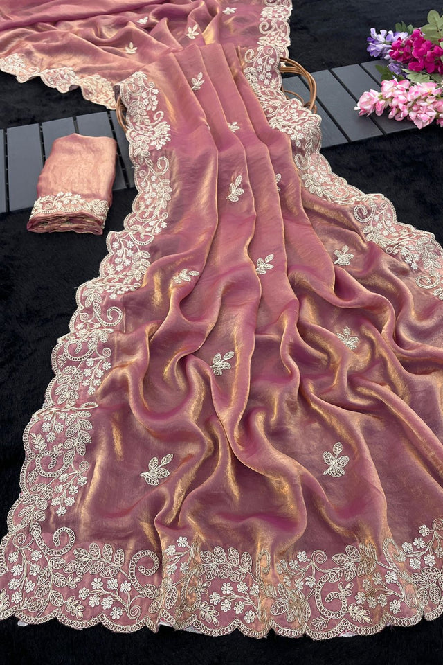 Pink Embroidered Satin Saree (ACA8467)