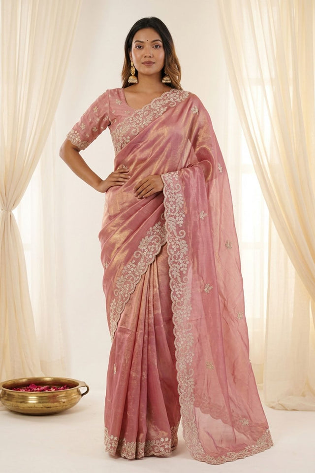 Pink Embroidered Satin Saree (ACA8467)