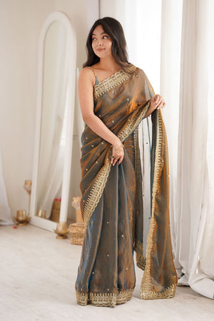 Grey Sequin with Embroidered Satin Saree (ACA8486)