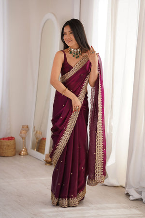 Maroon Sequin with Embroidered Satin Saree (ACA8487)