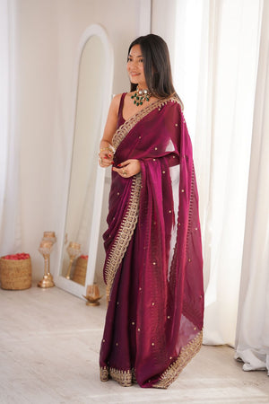 Maroon Sequin with Embroidered Satin Saree (ACA8487)