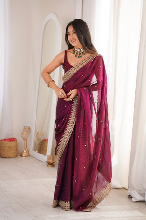 Maroon Sequin with Embroidered Satin Saree (ACA8487)