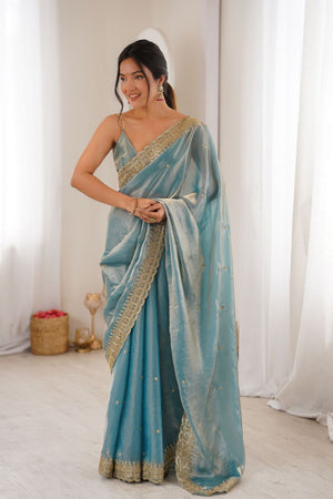 Blue Sequin with Embroidered Satin Saree (ACA8488)