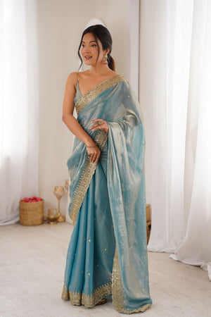 Blue Sequin with Embroidered Satin Saree (ACA8488)