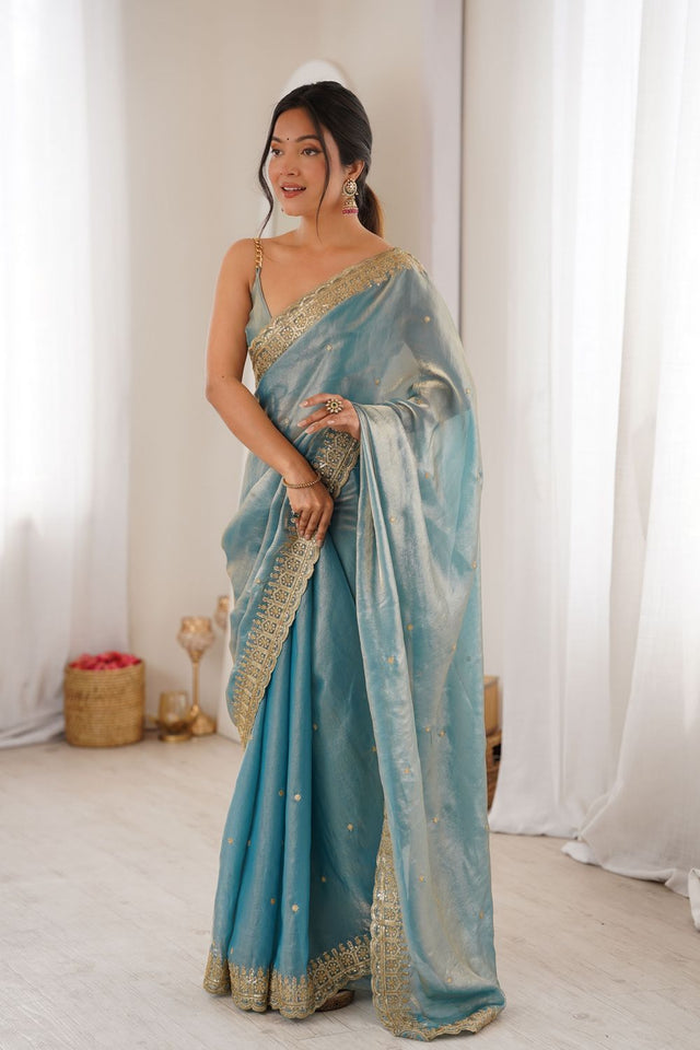Blue Sequin with Embroidered Satin Saree (ACA8488)