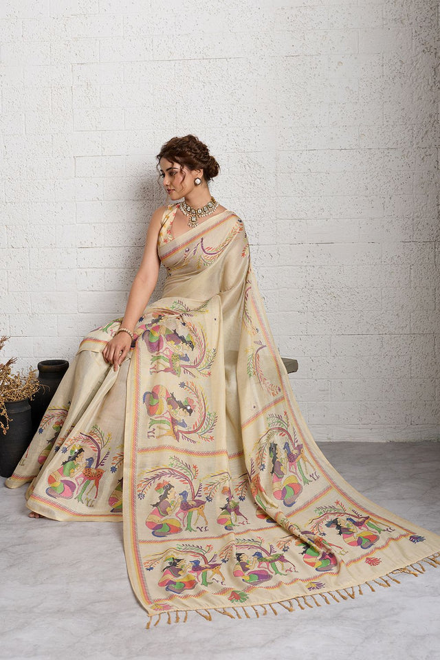 Beige Woven with Printed Linen Saree (ACA8489)