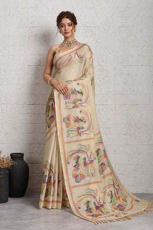 Beige Woven with Printed Linen Saree (ACA8489)